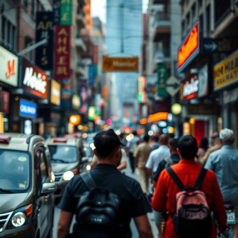 A dynamic street photograph capturing a bustling city scene with vibrant colors and candid moments.