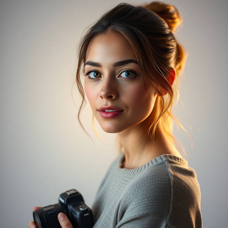 A photographer taking a portrait of a model in a studio setting.