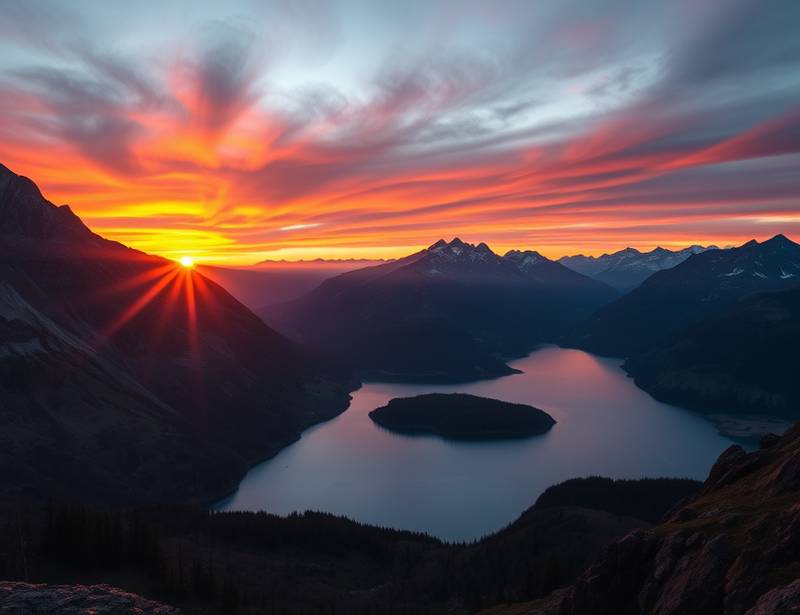 A stunning panoramic landscape photograph featuring mountains, a lake, and a vibrant sunset.