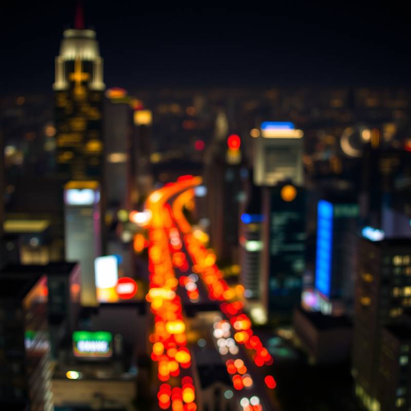 A vibrant photograph showcasing the dazzling city lights at night with sharp focus.