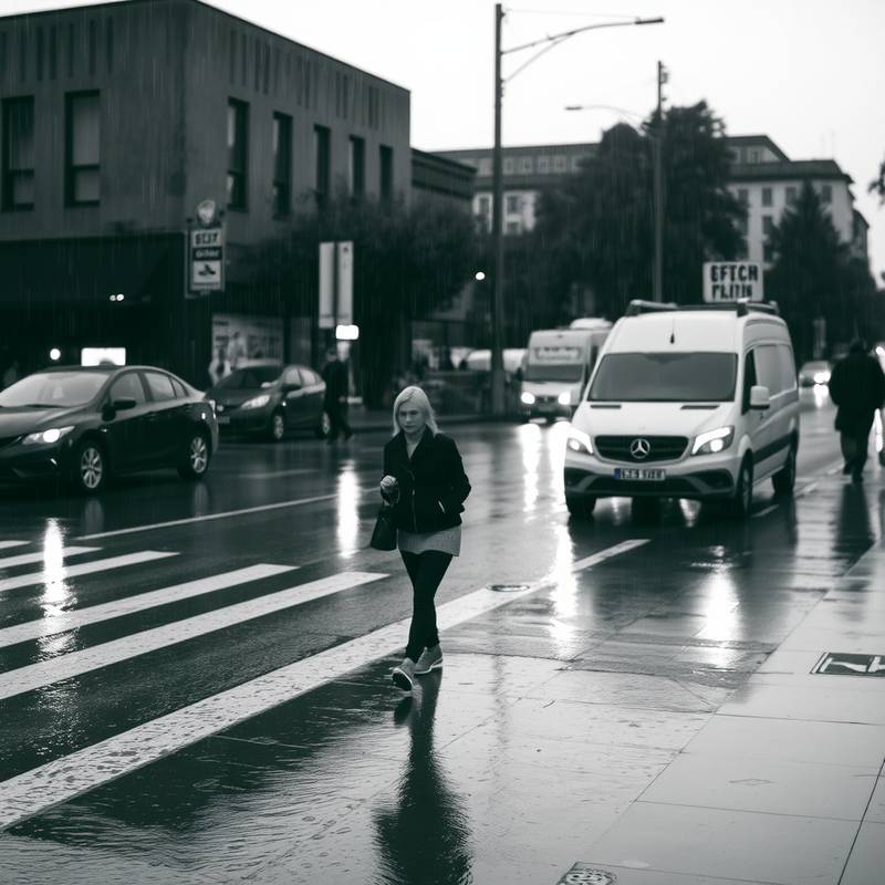 Black and white street photograph of a couple walking in the rain, taken by Emily Rodriguez.