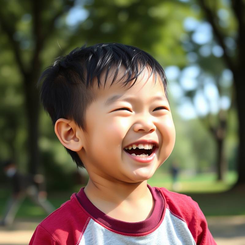 Candid portrait of a child laughing in a park, taken by David Chen.