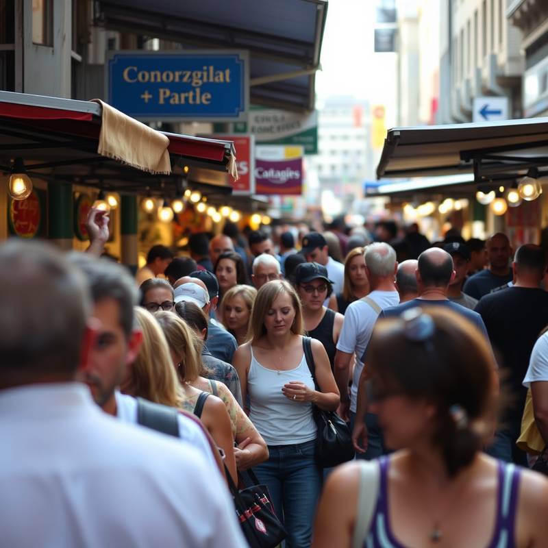 Candid street scene of a crowded market in Melbourne by Emily Rodriguez.