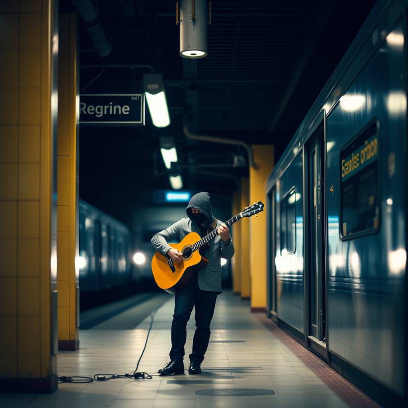 Street photograph of a lone musician playing in a subway station by Emily Rodriguez.